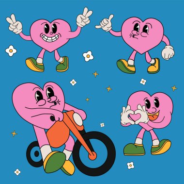 Vektör çizimi. Havalı aşk, kalpli romantik çıkartmalar. Popüler Pop Art seti. Renkli retro çizgi film etiket şekli koleksiyonu. 60 'ların modası geçmiş 70' lerin çizgi filmleri gibi. Nostaljik bağbozumu kavramı, sanat.