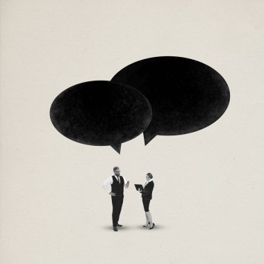 Çağdaş sanat kolajı. Erkek ve kadın, çalışma anlarını yukarıdan gelen konuşma baloncuklarıyla tartışıyor. Minimalist tasarım. Tek renkli olsun. Motivasyon kavramı, profesyonel büyüme, amaç, iş. ad