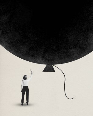 Çağdaş sanat kolajı. Genç kız büyük siyah topun önünde duruyor ve onu yumruklamak istiyor. İşte duyguların kontrolü. Tek renkli olsun. Motivasyon kavramı, mesleki büyüme, hedef, amaç, iş.