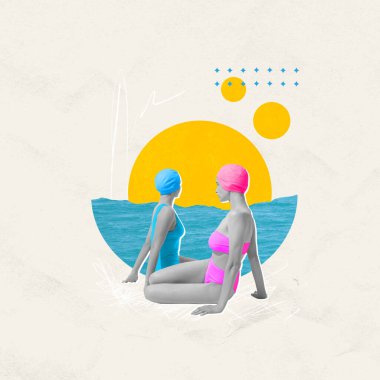 Çağdaş sanat kolajı. Soyut sanat eserleri. Mavi ve pembe mayo giymiş iki kız sahilde oturur ve su kenarında poz verir. Yaz tatili kavramı, ilham, seyahat, tatil.