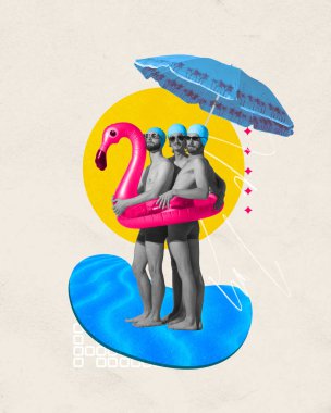 Çağdaş sanat kolajı. Soyut sanat eserleri. Pembe flamingo şeklinde büyük bir cankurtaran şamandırasında üç adam sahilde iyi eğlenceler. Yaz tatili kavramı, ilham, seyahat, tatil, arkadaşlık.