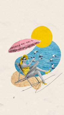 Çağdaş sanat kolajı. Soyut sanat eserleri. Mayo giymiş bir kız şemsiye altında kumsalda kuşlarla güneşlenir. Yaz tatili kavramı, ilham, seyahat, tatil, tatil.