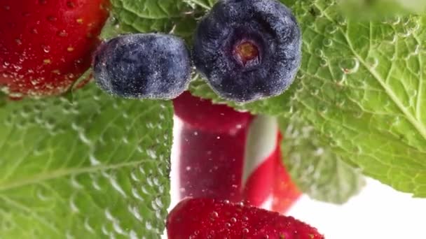 Fresas Jugosas Arándanos Rellenos Rodeados Exuberante Follaje Agua Textura Veranos — Vídeo de stock