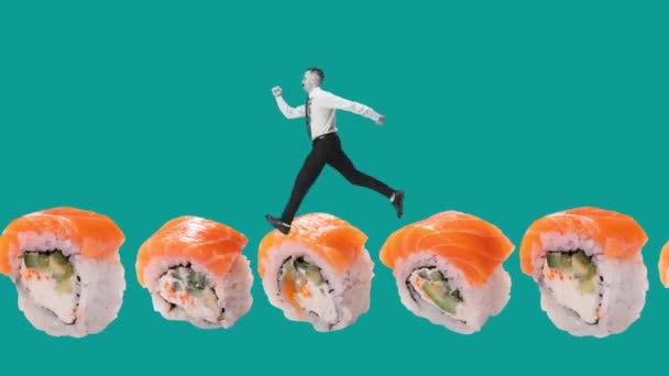 Zatrzymaj Ruch Animacja Młody Człowiek Biegający Sushi Odizolowany Niebieskim Tle — Wideo stockowe