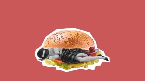 Zatrzymaj Ruch Animacja Kobieta Stylu Retro Kostium Leżący Hamburgera Izolowane — Wideo stockowe