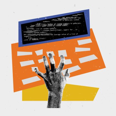 Vektör çizimi. Çağdaş sanat kolajı. Erkek eli klavyede hızlı yazıyor, kod geliştiriyor, bilgi topluyor. IT, işletme, veri bilimi, kodlama, işgal, modern teknolojiler kavramı