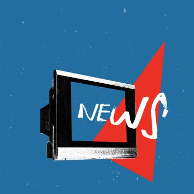 Vektör çizimi. Çağdaş sanat kolajı. Televizyonda sahte haberler gösteriliyor, mavi arka planda yanlış bilgiler konuşuluyor. Medya etkisi kavramı, yanlış bilgilendirme, söylentiler, sosyal iletişim