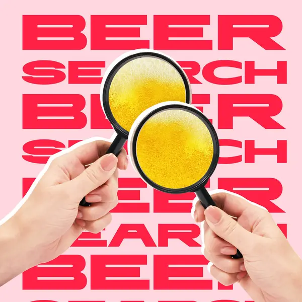 Poster. Contemporary art collage. Two hands hold magnifying glasses full of frothy beer against background with text search beer. Concept of party, fun and joy, Friday mood, Oktoberfest, summer. Ad