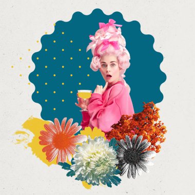 Poster. Ortaçağ kraliyet mensubu gibi giyinmiş bir kadın çiçek ve soyut unsurlarla arka planda kokteyl içiyor. Yiyecek ve içecek kavramı, teslimat hizmeti. Moda dergisi tarzı. Ad