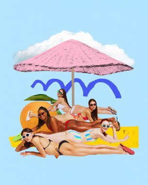 Poster. Çağdaş sanat kolajı. Güneşli ve sıcak bir günde plajda uzanmış arka planda uzanmış dinlenen bir kadın. Parti kavramı, eğlence ve eğlence, tatil, yaz, seyahat, pop sanat. Ad
