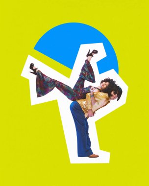 Poster. Çağdaş sanat kolajı. Eskiler gibi giyinmiş yaratıcı bir düet. Canlı arka planda dans ediyor. Tasasız, müzik ritmi, parti, disko kavramı. Moda dergisi tarzı. Ad