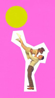 Poster. Çağdaş sanat kolajı. Düet genç adam ve kadın doğaçlamayla dans ediyor retro kıyafetlerle. Tasasız, müzik ritmi, parti, disko kavramı. Moda dergisi tarzı. Ad