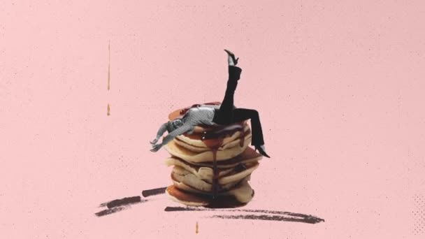 Contemporary Stop Motion Cheerful Young Woman Lying Delicious Sweet Pancakes — Stock Video