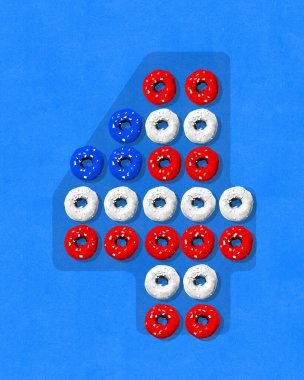 Poster. Contemporary art collage. donuts arranged in shape of number four against blue background. Grainy fabric effect. Concept of Independence day of USA, celebration of 4th July, patriotic holidays clipart