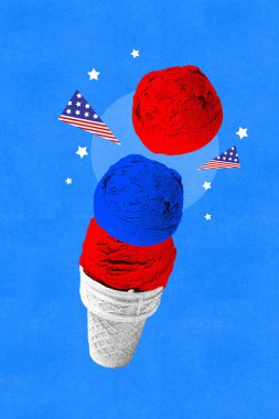 Poster. Contemporary art collage. Ice cream cone with three scoops and small American flags on blue background. Grainy fabric effect. Concept of Independence day of USA, celebration of 4th July. clipart