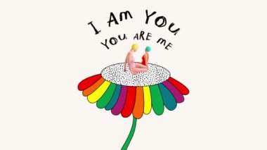 Çağdaş animasyon. Kavramsal stop hareketi. Renkli çiçekte oturan retro mayo giymiş iki kadın. Destek, seçme özgürlüğü. LGBTQA. Yaratıcılık kavramı, sosyal meseleler, özgürlük, kendini beğenme