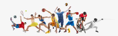 Pankart. Spor kolajı. Aksiyon, futbol, tenis, basketbol, boks, bisiklet ve eskrim sporcuları beyaz arka plana karşı. Sağlıklı yaşam tarzı, profesyonel spor, takım, fitness kavramı. Ad
