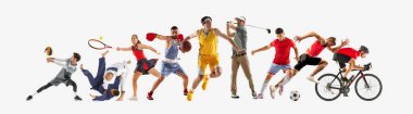 Spor kolajı. Futboldan eskrime kadar çeşitli sporlar, beyaz arka plana karşı yoğun hareket ve çeşitlilik kaydediyor. Sağlıklı yaşam tarzı, profesyonel spor, takım, fitness kavramı. Ad