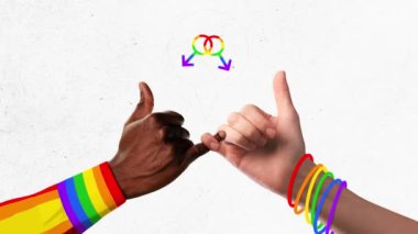 Hareketi durdur. Animasyon. Küçük parmaklarını tutan iki erkek el ve LGBT topluluğunun renklerine boyanmış konuşma baloncukları arasında. Aşk çeşitliliği kutlaması kavramı. Ad