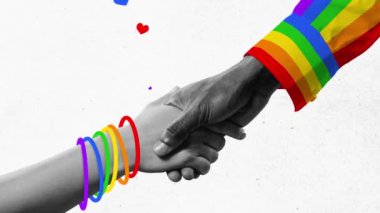 Hareketi durdur. Animasyon. Arkadaşlık bilekliği takan iki el, gökkuşağı renginde kıyafetler. Birlik ve dayanışma. Özgürlük kavramı, aşk çeşitliliği kutlaması. Ad