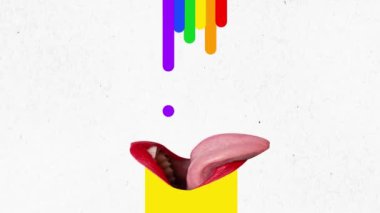 Hareketi durdur. Animasyon. Ağzında gökkuşağı olan kişi, seçim özgürlüğü yoluyla neşeyi ya da pozitifliği emer. İnsan hakları kavramı, özgürlük, aşk çeşitliliği kutlaması. Ad