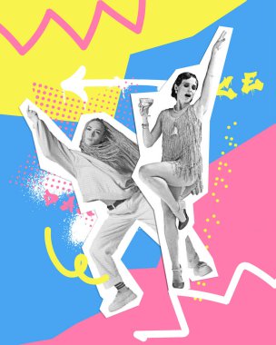 Poster. Çağdaş sanat kolajı. İki kadın modern ve eski moda dans kıyafetleri. Moda, müzik, ritim, modern ve retro füzyon kavramı. Moda dergisi tarzı.