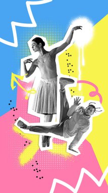 Poster. Çağdaş sanat kolajı. Monokrom balerin ve break dansçı canlı arka planda müzik ritmiyle hareket ediyor. Moda kavramı, modern ve retro füzyon. Moda dergisi tarzı.