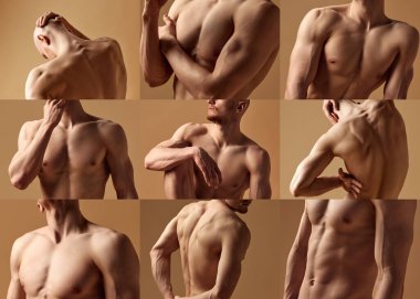 Kolaj. Genç adam kaslı vücudunu kumlu renkli stüdyo geçmişine karşı göstererek üstsüz poz veriyor. Erkek sağlığı, erkeklik, fitness, kişisel bakım, doğal güzellik kavramı. Ad