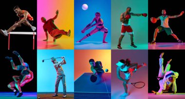 Kolaj. Farklı spor türleri. Atletik insanların neon ışıkta eğitildiği dinamik fotoğraflar gradyan stüdyo arka planına karşı. Profesyonel spor kavramı, rekabet, turnuva, hareket, eylem