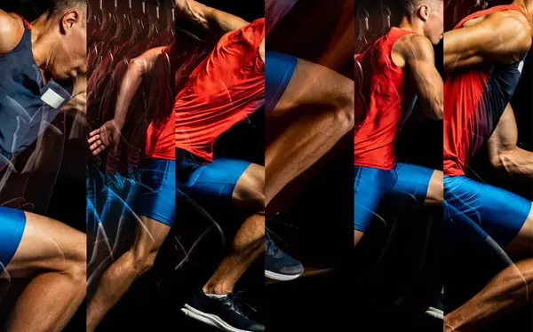 stock image Collage. Male runner, sprinter in action in multiple dynamic poses highlighting speed and athleticism. Strength and power. Concept of professional sport, competition, tournament, movement, action. Ad