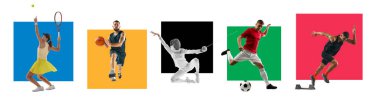 Kolaj. Çerçeveleri kır. Farklı sporlardan erkek ve bayan sporcular, her biri farklı renklerde. Profesyonel spor, rekabet, turnuva, hareket, aksiyon kavramı. Ad