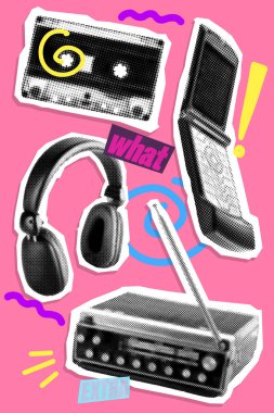 Poster. Çağdaş sanat kolajı. Kaset, kulaklık, cep telefonu ve telsiz pembe arka planda. Çizgi film tarzı. Canlı bir tasarım. Sanat anlayışı, klasik şeyler, eski ve modernliğin karışımı..