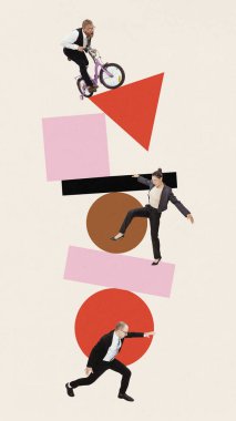 Çağdaş sanat kolajı. Genç insanlar büyük geometrik şekiller piramidini tutmaya çalışırken birbirlerine yardım etmeye çalışırlar. Ortaklık kavramı, iş birliği, takım çalışması, hedeflere ulaşmak. Ad