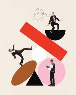 Çağdaş sanat kolajı. Resmi kıyafetli insanlar geometrik şekillerle etkileşim halindedirler, çünkü bir projede takım halinde çalışırlar. Ortaklık kavramı, iş birliği, takım çalışması, hedeflere ulaşmak. Ad