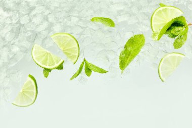 Limon dilimleri ve sudaki nane yapraklarından yapılan ferahlatıcı içecek. Dokulu fotoğraf. Soyut duvar kağıdı. Cin toniği. Yaz konsepti, beslenme, sağlıklı, detoks, ferahlatıcı. Ad