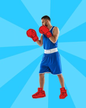 Poster. Çağdaş sanat kolajı. Resim çiziyorum. Boksör gibi giyinmiş, eldivenleri ve spor ayakkabıları çizilmiş bir erkek manken. Spor anlayışı, sağlıklı yaşam tarzı, aktif oyunlar, fitness. Ad