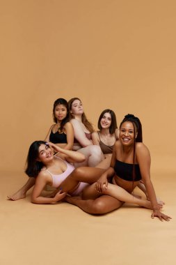 Farklı vücut tipleri ve etnik kökenleri olan iç çamaşırlı bir grup genç kadın, bej renkli stüdyo geçmişlerine karşı yan yana oturuyorlar. Güzellik kavramı, destek, sağlık, vücut pozitifliği, çeşitlilik. Ad