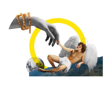 Çağdaş sanat kolajı. Melek kanatlı genç, ruhani bir adam çürük ekmekten yapılmış bileziklerle siyah beyaz bir kola uzanır. Bireyler ve çevrelerindeki dünya arasındaki ilişki kavramı.
