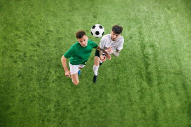 Oyunun kontrolü için savaş başladı. Yeşil yemyeşil çocuk parkında oynayan iki futbolcunun hava görüntüsü. Profesyonel spor konsepti, şampiyonluk, final maçı, hareket. Ad