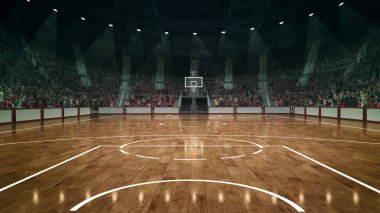 Mükemmel yerleştirilmiş işaretleri olan, güçlü ışıklarla aydınlatılmış ve arka planda kalabalık sahnelerle dolu boş bir basketbol sahası. Spor oyunları, yarışma, şampiyonluk, aksiyon ve hareket kavramı