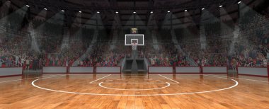 Yoğun ışıklandırmalı basketbol sahası, çember ve skor tabelası arka planda hareketlenmeye hazır, kalabalık sahnelerle. Spor oyunları, rekabet, eğlence, eylem ve hareket kavramı