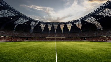 Günbatımında, bulutlu gökyüzünün altında modern boş futbol stadyumu. Alan harekete hazır. 3D tasvir. Profesyonel spor kavramı, rekabet, şampiyonluk, maç, enerji