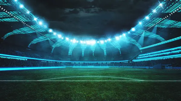 Geceleri çok güzel aydınlatılan futbol stadyumu, yoğun ışık demetleri ile mükemmel korunan perdeler. 3 boyutlu görüntüleme. Profesyonel spor kavramı, rekabet, şampiyonluk, maç, enerji