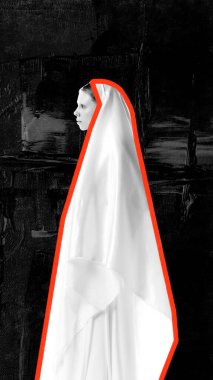Çağdaş sanat kolajı. Siyah-beyaz kadın figürü beyaz, akıcı pelerinle örtülmüş, kırmızı ile çizilmiş canlı desenli arka plan. Klasik ve modernlik birleşimi kavramı, estetik. Ad