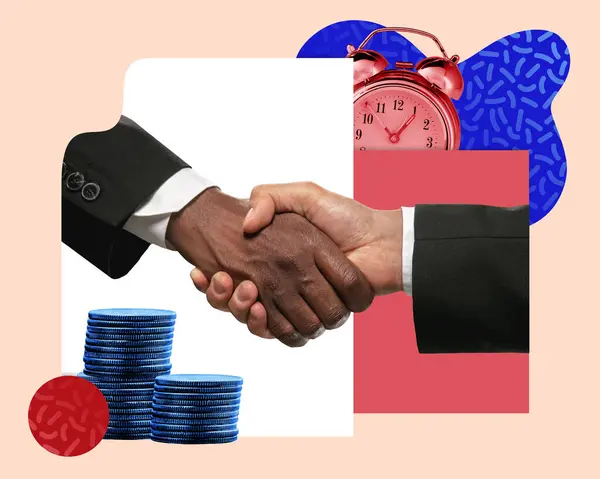 stock image Contemporary art collage. Two businessmen shake hands, with stacks of coins and red alarm clock in background. Timely deals. Concept of acquisition, business, customer service, collaboration.