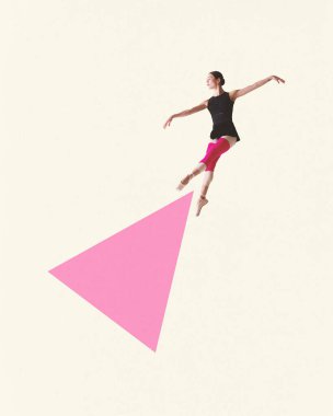 Çağdaş sanat kolajı. Sonsuz zarafet. Pastel renkli arka planda geometri şekilleriyle dans eden genç, esnek bir kadın. Müzik, kentsel ve estetik birleşim kavramı. Minimalizm