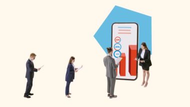 Hareketi durdur. Animasyon. Çalışanlardan oluşan bir grup iş stratejisi, analiz ve grafikleri tartışıyor. Web sitesi geliştiriyorum. Bilgi güvenliği üzerinde çalışıyorum. Kariyer geliştirme, iş geliştirme, büyüme kavramı