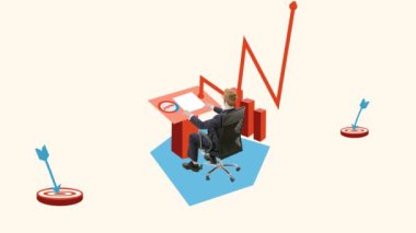 Hareketi durdur. Animasyon. Profesyonel finans analisti şirketin başarısını arttırmak için yeni ve karlı bir strateji üzerinde çalışıyor. Başarılı oluyor. Finans kavramı, grafikler, iş hedefi, büyüme