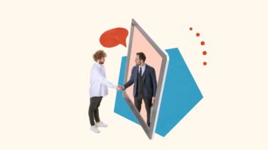 Hareketi durdur. Animasyon. İş adamları online işbirliği ve pazarlıkları simgeleyen tabletle el sıkışıyor. Başarılı bir anlaşmayı kutluyoruz. Kariyer geliştirme, büyüme, terfi kavramı