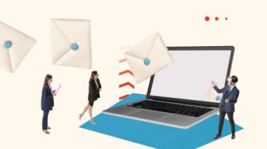 Hareketi durdur. Animasyon. İş adamları, online mektuplar alan çalışanlar, iş stratejisi üzerinde çalışan. Şirketin bilişim hizmetlerini geliştiriyorum. Takım çalışması kavramı, ağ desteği, büyüme